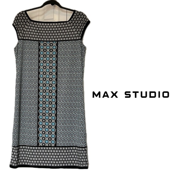 Max Studio Sheath Dress Tile Print Stretch Jersey Square Neck Cap Sleeve Size M - Picture 1 of 14
